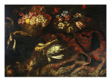 Grapes and Flowers on a Table with a Rug and Game