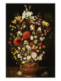 Tulips, Lillies, Irises, Roses, Carnations, Peonies, and Other Flowers in a Sculpted Terracotta Urn