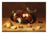 Buy Plums and Peaches on a Pewter Dish with Cherries and a Carnation on a Table at AllPosters.com