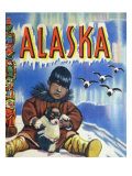Alaska, View of a Native Child Holding a Puppy, Totem Pole and Penguins