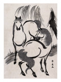 Horses under a Willow Tree, Japanese Wood-Cut Print