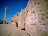 Hieroglyphic Covered Ruins with Obelisk in Distance, Karnak, Luxor, Egypt
