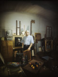 Italian Painter Giorgio de Chirico in His Studio with Many Pieces of His Work around Him