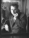 President of Teamsters Union Jimmy Hoffa Making Phone Call from Glassed-In Phone Booth