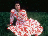 Actress Brooke Shields, Wearing Red and White Flower Print Sundress, Smelling a Red Rose