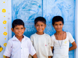 Children Against Blue Wall in Jaipur, Rajasthan, India