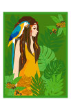 Girl in Tropical Paradise with Blue Bird