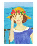 Girl with a Straw Hat Who Stands by the Sea Art Print