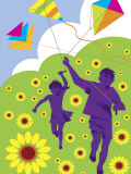 Boy and Girl Running with Kites in Country Field