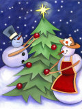 Snowman and Snowwoman Decorating Christmas Tree