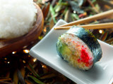 Traditional Japanese Cuisine of Sushi Rolls on Plate with Chopsticks Photographic Print