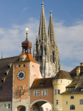 View from Danube River and Steinerne Bridge, Regensburg, Bavaria, Germany