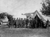 US Pres. Abraham Lincoln Standing on Campsite with Group of Federal Officers on Battlefield