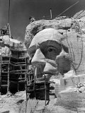 Scaffolding around Head of Abraham Lincoln, Partially Sculptured During Mt. Rushmore Construction