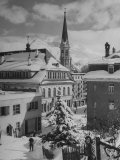 Snow-Covered Winter-Resort Village St. Moritz. Evangelical Church in Background