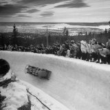Bobsled Racing by on a Big Vendleboe Curve During the Winter Olympics