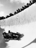 Good of Cresta Run, Bobsled Run, Coasting around Sunny Bend as People Peer from Above the Track