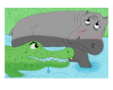 Worried Hippo And Gator Talk In The River Water