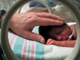Adult Hand Touching Tiny Head of Baby, Born Addicted to Crack Cocaine, in Hospital Incubator
