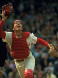 Cincinnati Reds Catcher Johnny Bench Catching Pop Fly During Game Against San Francisco Giants