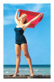 Woman in Blue One-Piece with Red Towel