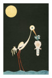 Stork Hanging Baby over Moonlit Water