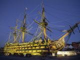 Hms Victory at Night, Portsmouth Dockyard, Portsmouth, Hampshire, England, United Kingdom, Europe
