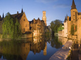 Canal and Belfry Tower in the Evening, Bruges, Belgium, Europe