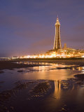 Blackpool Tower Reflected on Wet Beach at Dusk, Blackpool, Lancashire, England, United Kingdom