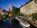 Canal in the Evening and Church of Our Lady, Bruges, Belgium, Europe