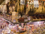Hams, Jamon and Cheese Stall, La Boqueria, Market, Barcelona, Catalonia, Spain, Europe