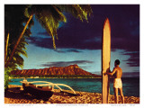 Buy Outrigger & Diamond Head, Surfer, Oahu, Hawaii, c.1951 at AllPosters.com