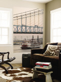 Riverboat on Ohio River and, Roebling Suspension Bridge, Cincinnati, Ohio, USA