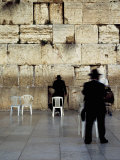Three Men Praying in Front of a Wall, Western Wall, Old City, Jerusalem, Israel