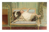 Victorian Girl Lying on St. Bernard on Couch