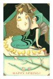 Happy Spring, Woman with Chicks Emerging from Egg