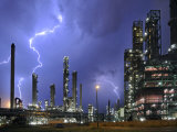 Lightning During Thunderstorm Above Petrochemical Industry in the Antwerp Harbour, Belgium
