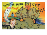 Comical Military Cartoon - Drill Sergeant Telling Soldier to Get Up Out of Bed, c.1942