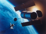 Artist's Rendering of Fully Deployed Hubble Space Telescope with Shuttle Orbiter in Vicinity