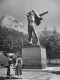 Women Looking at Brandenburger Sculpture Representing Swiss Workman Donning His Soldier's Uniform