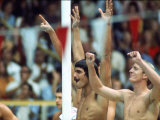 US Olympic Swimmer Mark Spitz Raising Arms after Victory, Russian Swimmer Vladimir Bure
