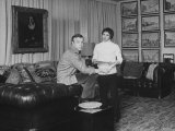 Stage and Film Director Franco Zeffirelli Sitting on Big Leather Sofa Beside Actor Leigh Lawson