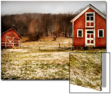 Red Farmhouse and Barn in Snowy Field