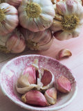 Buy Close-Up of Cloves of Garlic in a Pink Bowl, with a Bunch of Heads of Garlic in the Background at AllPosters.com