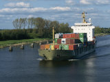 Containers on a Ship Transitting the Kiel Canal in Germany, Europe