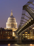 Millennium Bridge and St. Pauls Cathedral, Illuminated at Dusk, London, England, United Kingdom