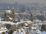 Skyline of the City of Prague in the Winter, with Snow on the Roofs, Czech Republic, Europe