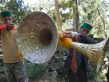 Men Blowing Large Traditional Wind Instruments, Kalpa Village, Kinnaur, Himachal Pradesh, India