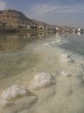 Sea and Salt Formations with Hotels and Desert Cliffs Beyond, Dead Sea, Israel, Middle East