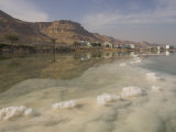 Sea and Salt Formations with Hotels and Desert Cliffs Beyond, Dead Sea, Israel, Middle East